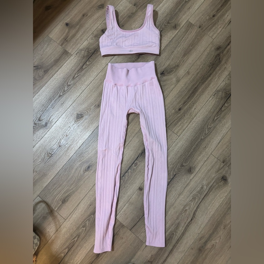 Alo Pink Ribbed Leggings and Bandeau Set